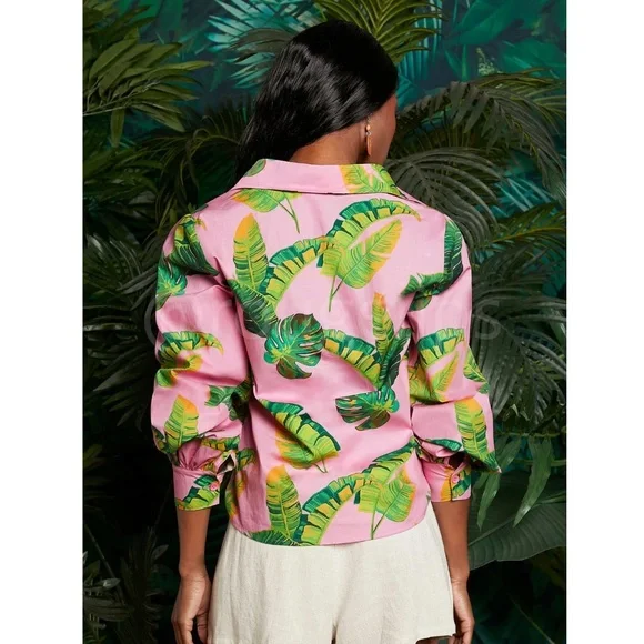 Cotton Leaf Tropical Print Pink Green Oversized Shirt Lantern Sleeve Button - Picture 2 of 10